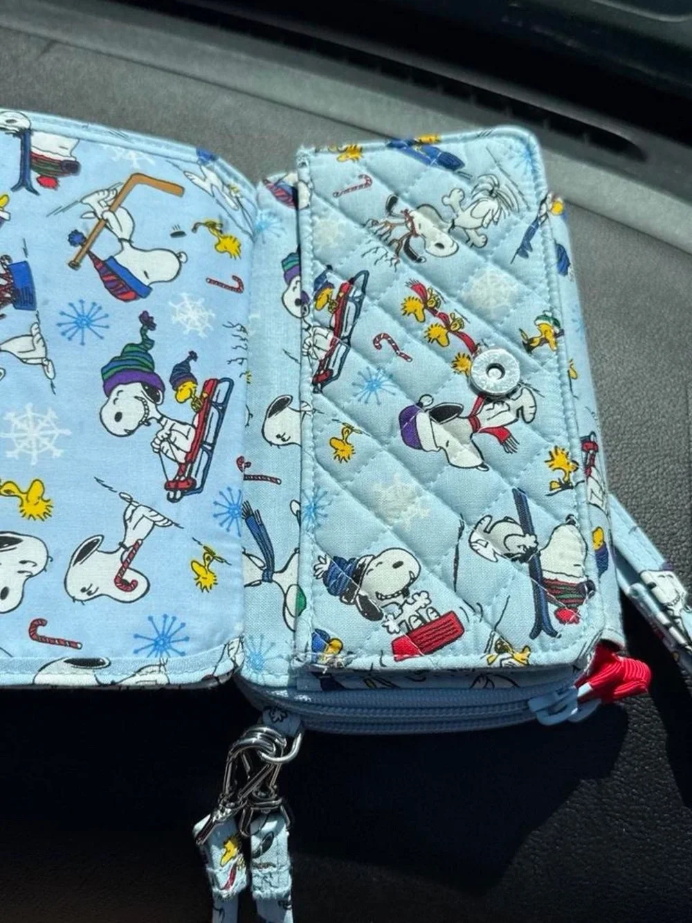 Vera Bradley Light Blue Snoopy & Woodstock Quilted Wristlet with Holiday Print